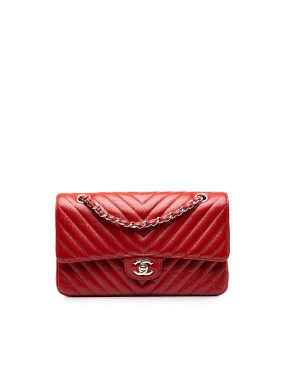 Chanel CC Logo Quilted Chevron Double Flap Chain Shoulder Bag Red Silver Caviar